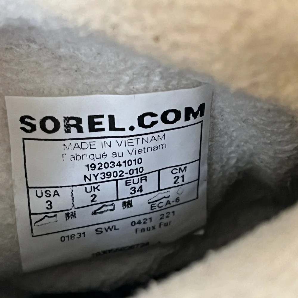 Sorel Kids Black Waterproof Winter Snow Boots Fur Lined Lace Up Size 3